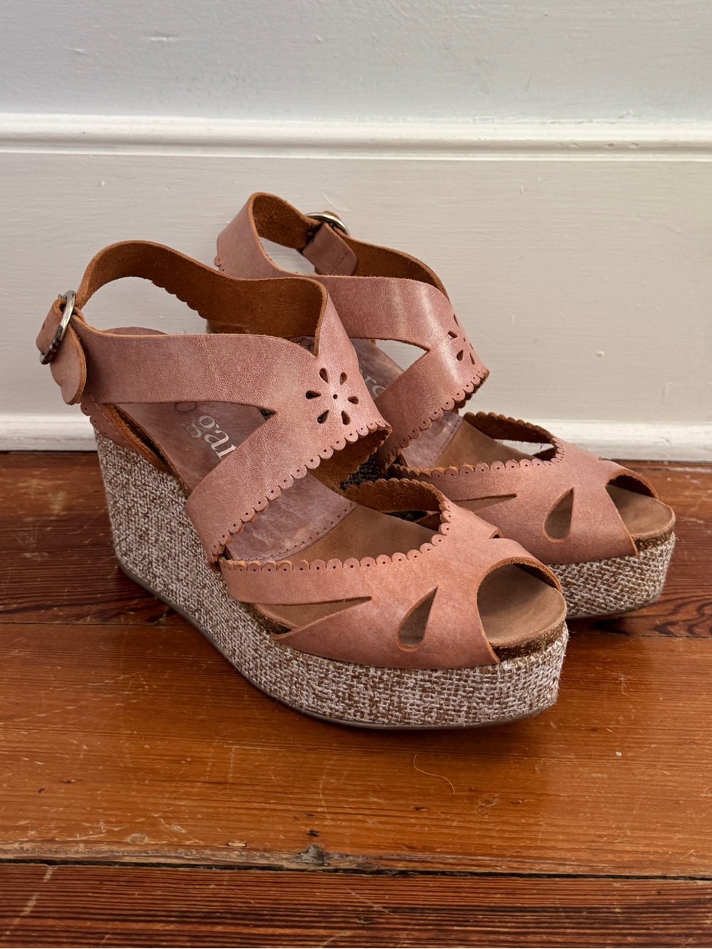 Pedro Garcia Women’s Winona Cut Wedge Heels Sandals Blush Pink Leather Burlap 9